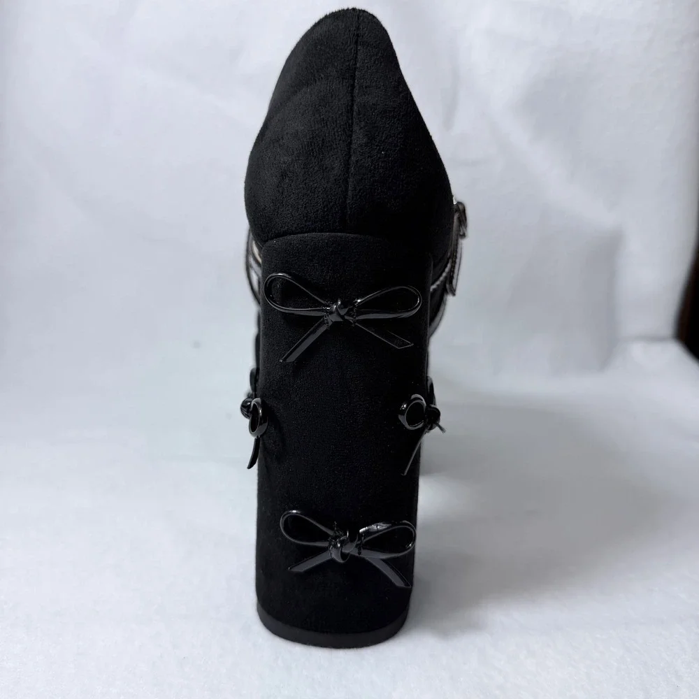 Black Bow Platform Mary Jane Pumps Heart Buckle Block Heel Sz US 10 New sexy