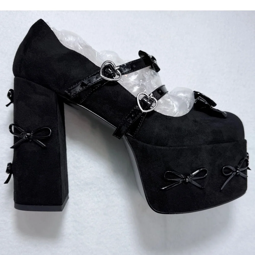 Black Bow Platform Mary Jane Pumps Heart Buckle Block Heel Sz US 10 New sexy