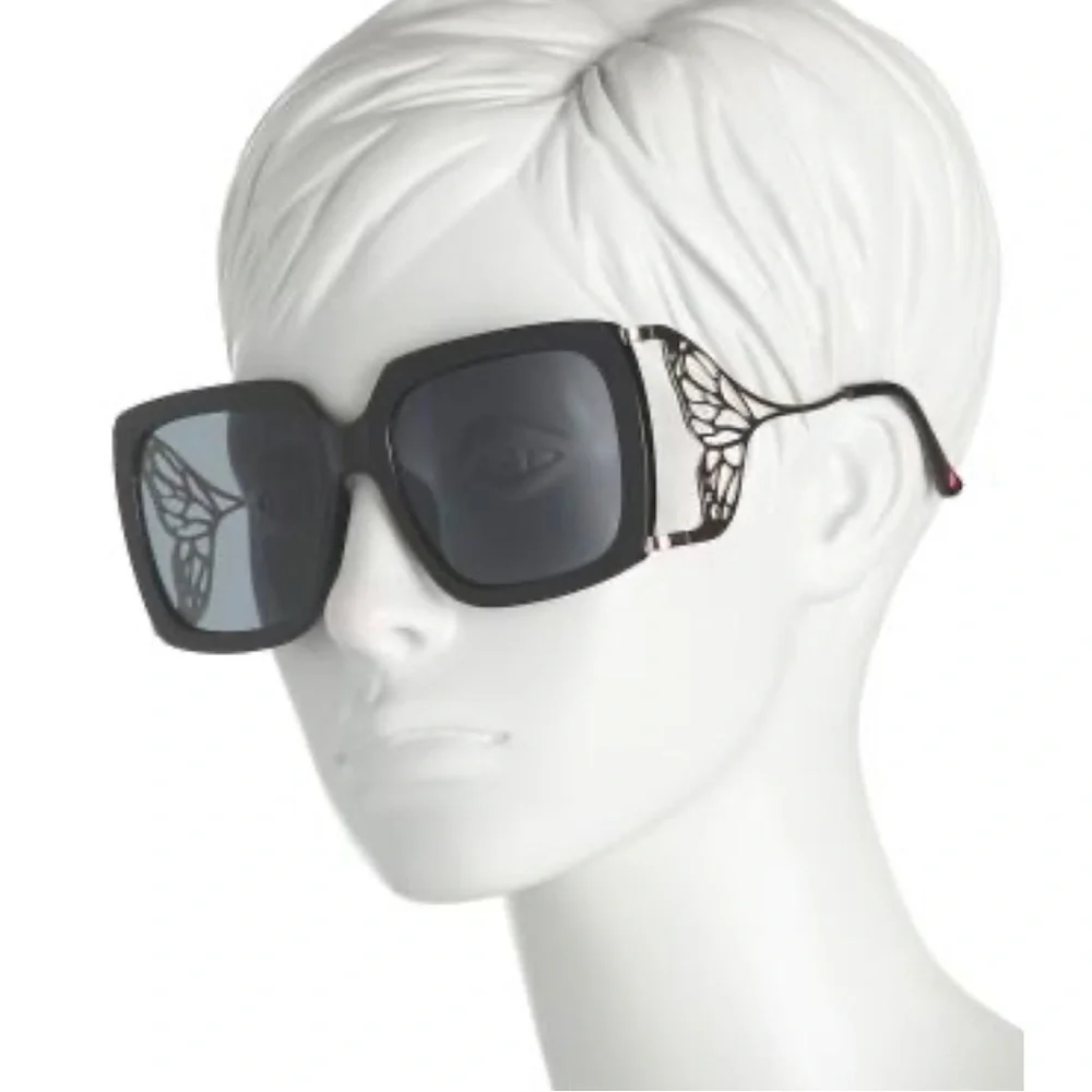 Betsey Johnson Black Oversized Square Sunglasses with Decorative Temples