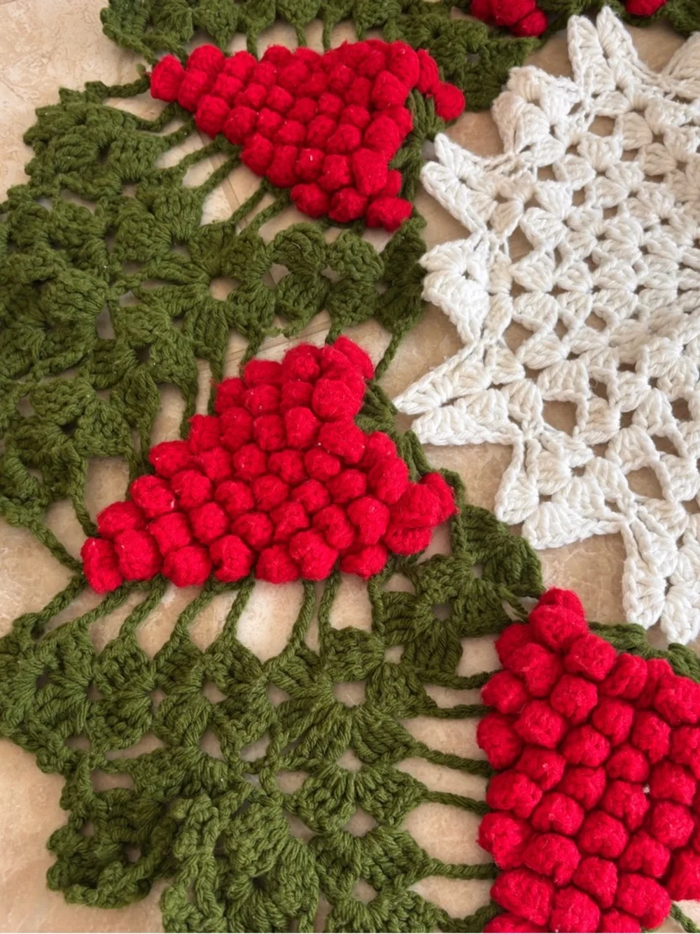 Vintage Handmade Crochet Round Tablecloth With 3D Grape Cluster Pattern Granny
