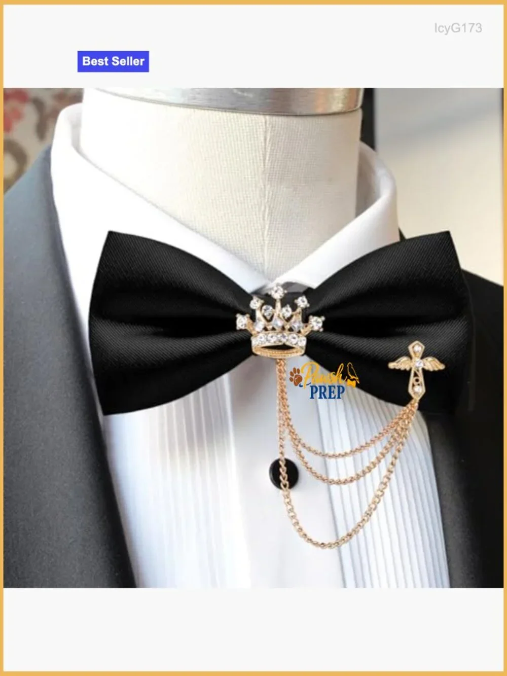 Adjustable Pre-Tied Bow Tie with Rhinestone Brooch Chain, One Size