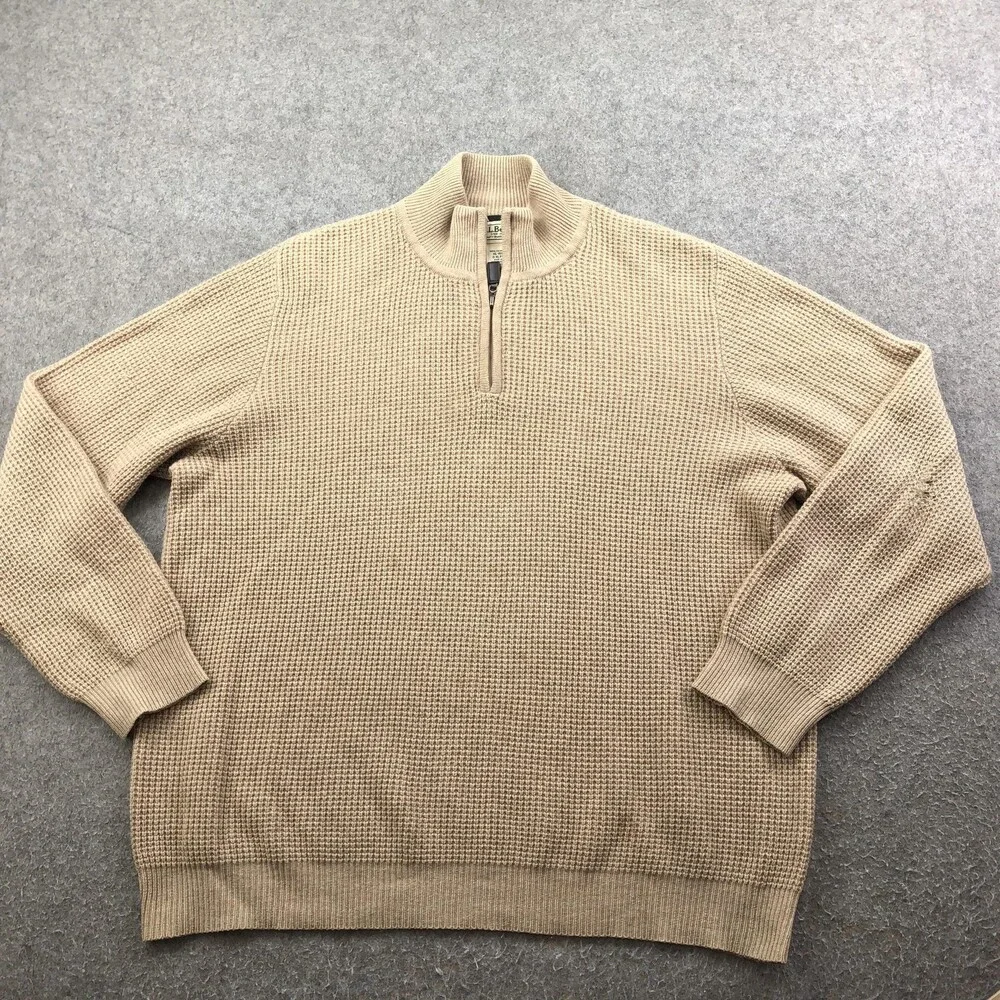 L.L. Bean Sweater Mens XL Beige 1/4 Zip Mock Neck Cashmere Waffle Knit Pullover