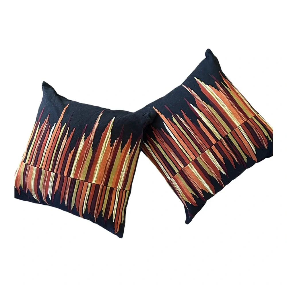 Crate & Barrel Black Red Embroidered Accent Pillows‎ Striking Design Set of 2