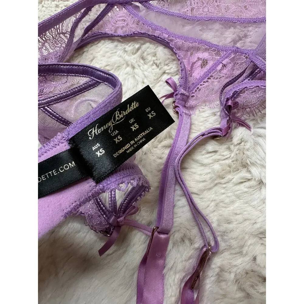 Honey Birdette ROISIN💜 Purple Floral Lace Garter Suspender Belt XS