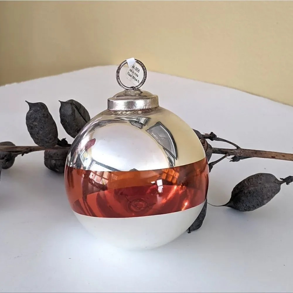 Crate&Barrel Orange And Silver Round Glass Christmas Ornament