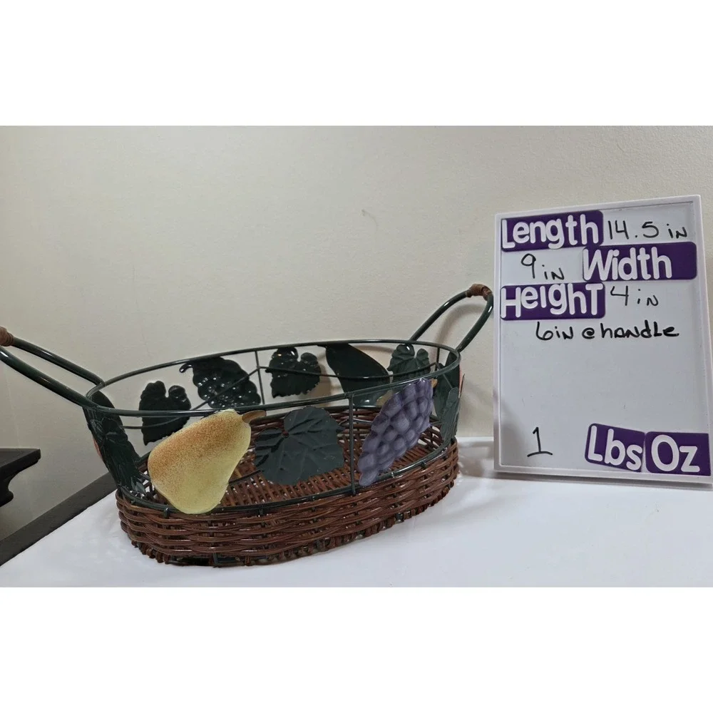 Vtg Pair Metal & Wicker Nesting Baskets W/Fruit Detail & Handles Oval Shape