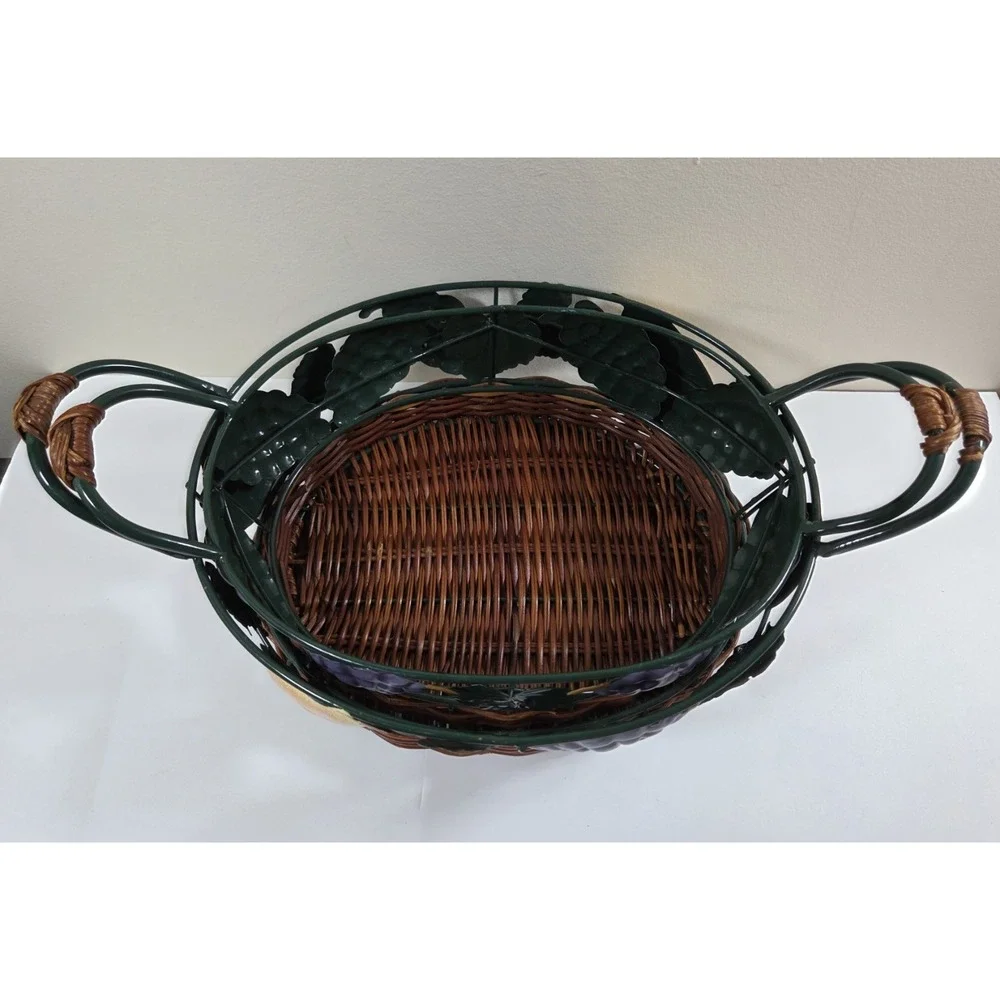 Vtg Pair Metal & Wicker Nesting Baskets W/Fruit Detail & Handles Oval Shape