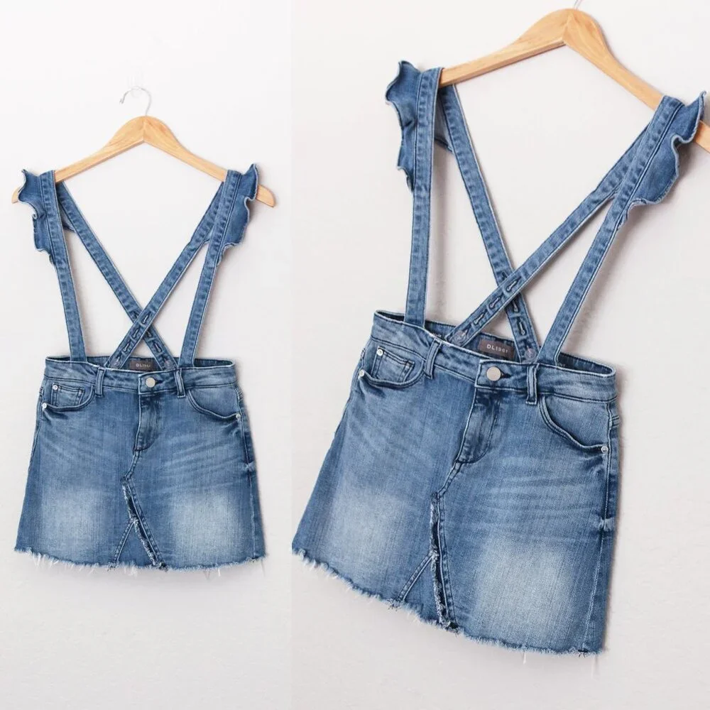 DL1961 Girl's 14 Jenny Overall Denim Skirt Searsy Adjustable Ruffle Straps Blue