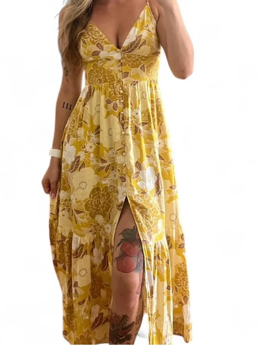 Abercrombie & Fitch Yellow Gold Floral Linen Maxi Dress