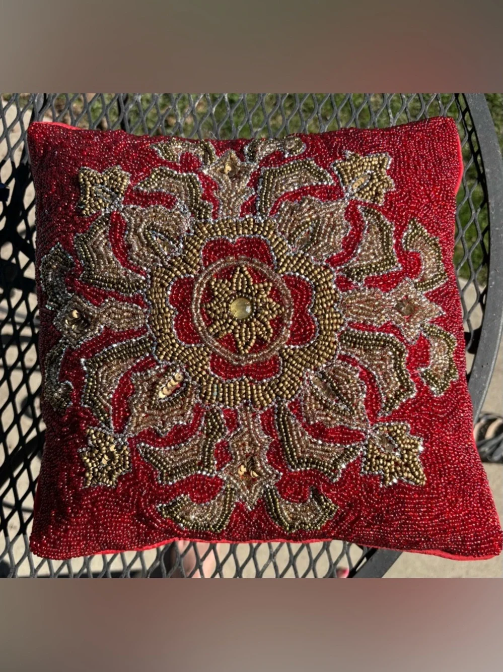RARE Pier 1 Imports Red Gold Beaded Throw Pillow, approx 12