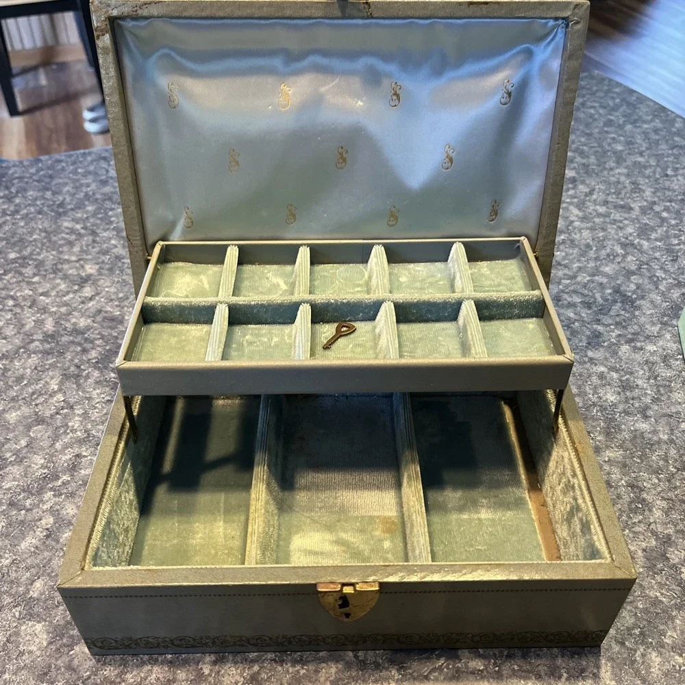 Vintage Blue Mele 2 Tier Leather Gold Trim Jewelry Box Baby Blue Velvet MCM Nice