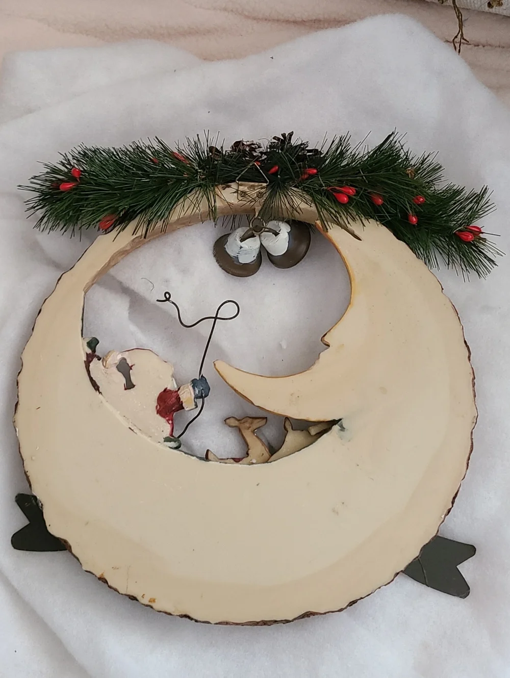 Holiday Santa Moon Wood Carved Wreath Ornament