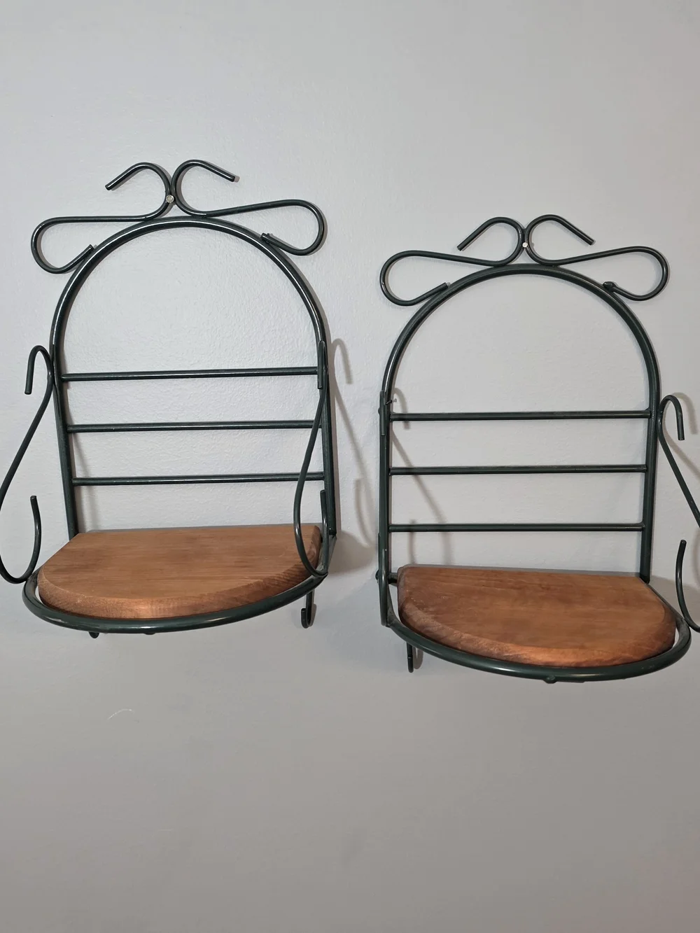 Pair of Wall-Mounted Display Shelves in Dark Green with Wood Seats