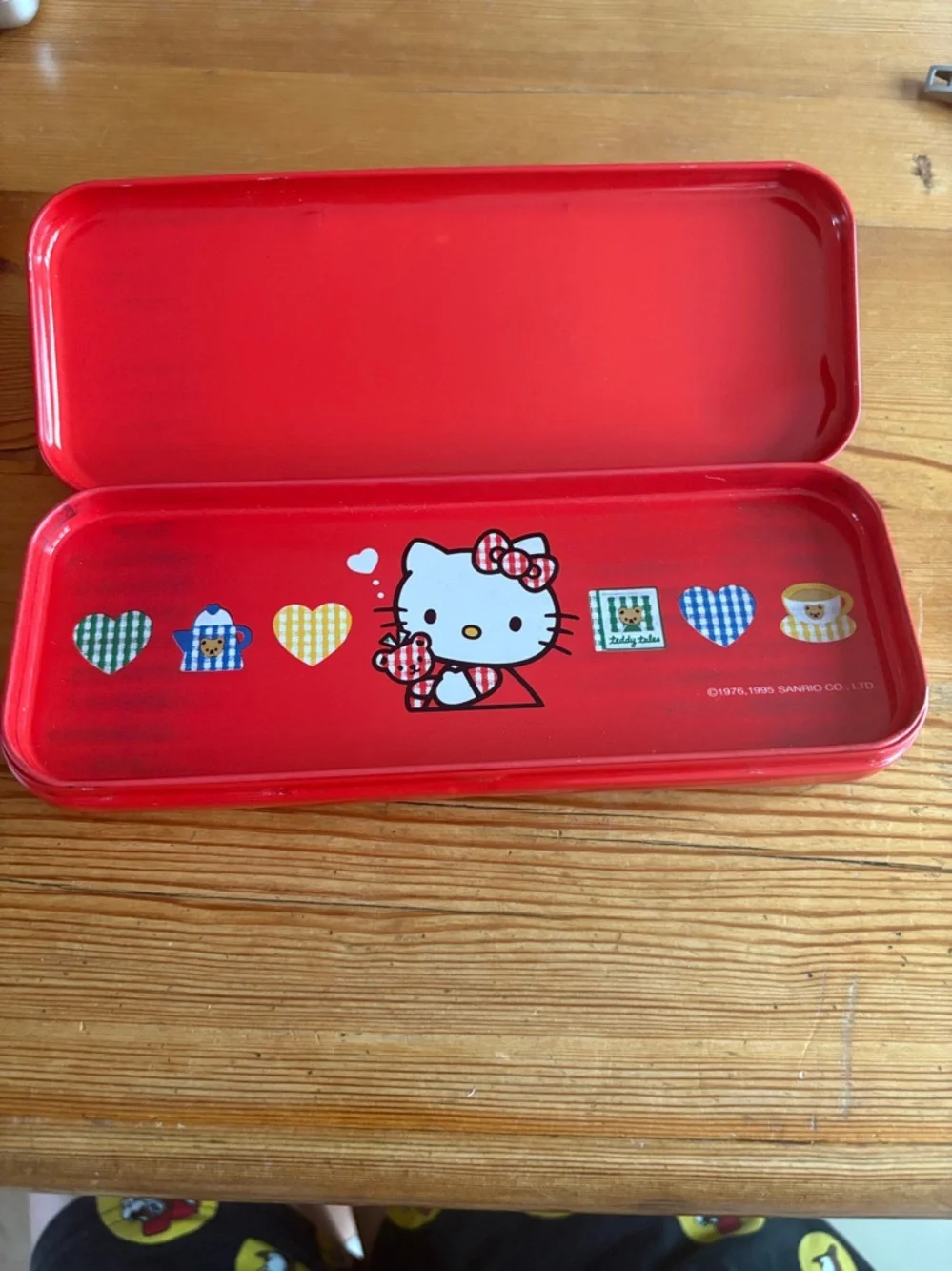 VTG Sanrio Hello Kitty Pencil Case Tin Box Red Pen Case Metal 1995 rare