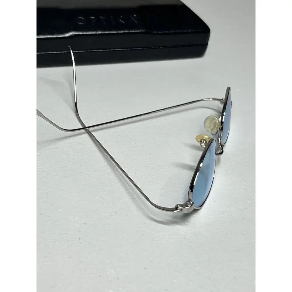 VTG Optica Geometric Wire Frame Sunglasses Silver Tone Metal Blue Lens + Case