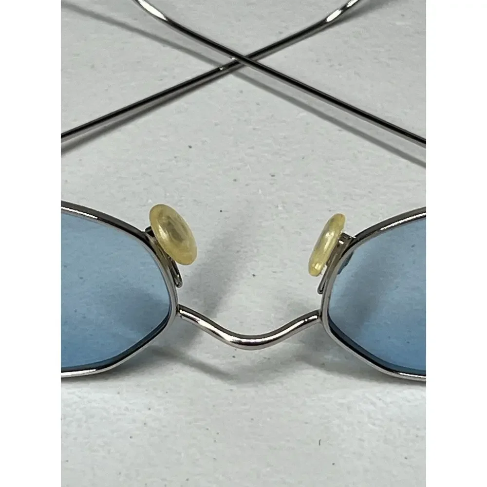 VTG Optica Geometric Wire Frame Sunglasses Silver Tone Metal Blue Lens + Case