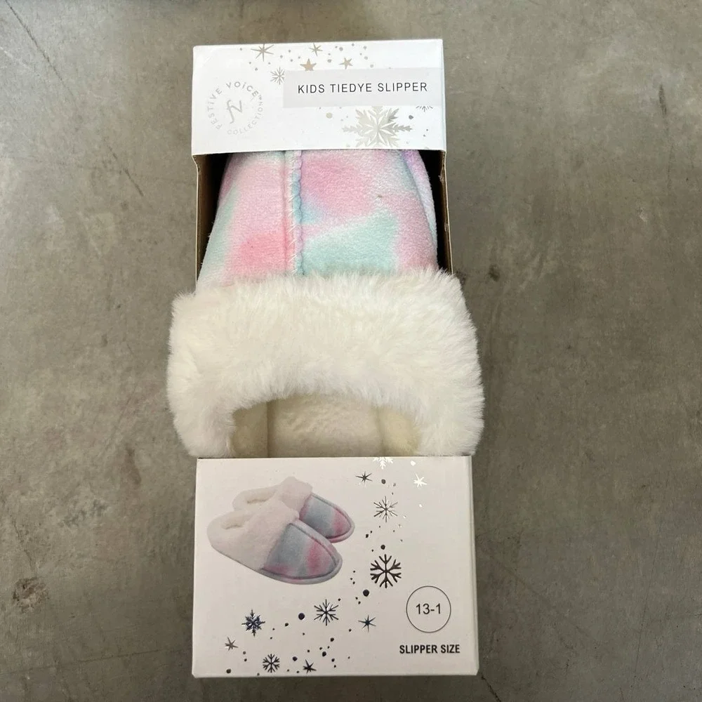 Festive Voice Collections Unisex Kids Tie Dye Slip-On Faux Fur Slippers Sz 13-1