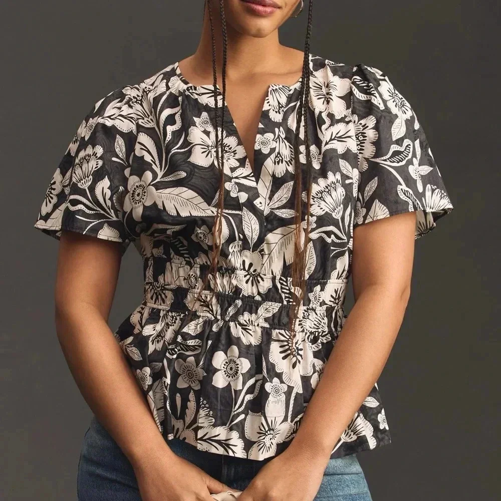 Anthropologie The Somerset Blouse Black & White Floral V-Neck Puff Sleeve Peplum