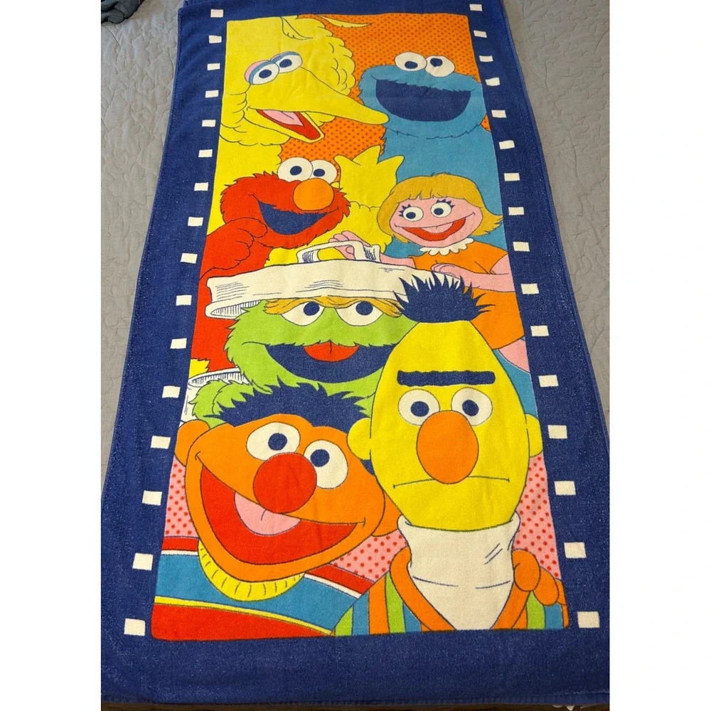 VTG Sesame Street Towel 80s 90s Big Bird Elmo Bert Ernie Cookie Monster Franco
