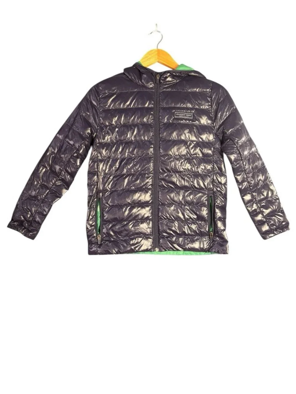 Vineyard Vines Kids Boys Sz M Hooded Puffer Jacket Navy Green Full Zip