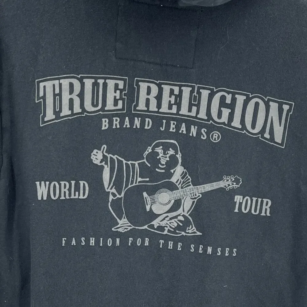 True Religion Unisex Buddha Big Logo Black Hoodie World Tour Back Graphic Size M