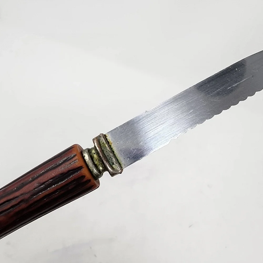 6 Regent Sheffield Steak Knives Stainless Bakelite Faux‎ Antler Handle VTG Block