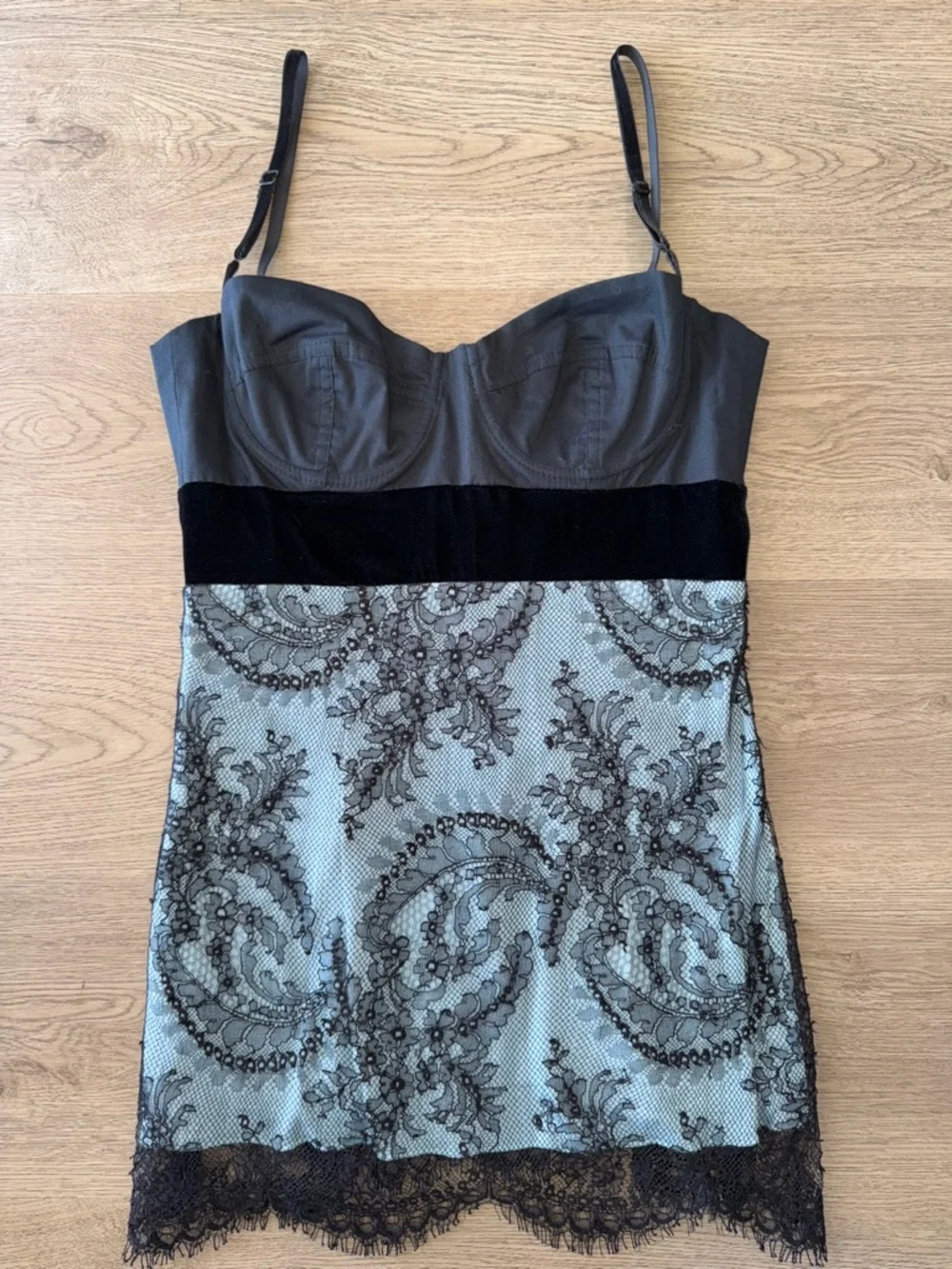 Ticci Tonetto Black & Blue Floral Lace Y2K Chemise Bustier Velvet Camisole Top P