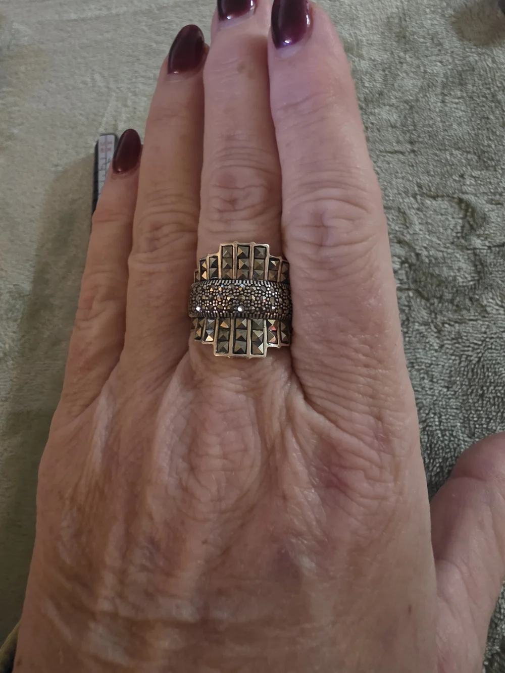 Sterling Silver & Marcasite Statement Ring with Pavé Center - Size 11 See Pics