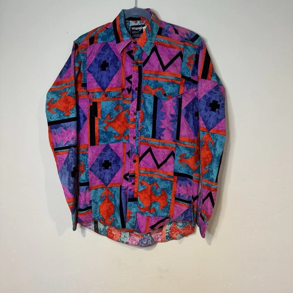Vintage Wrangler Brushpopper  Aztec Colorful Western 15.5 35 Shirt X-Long Tails