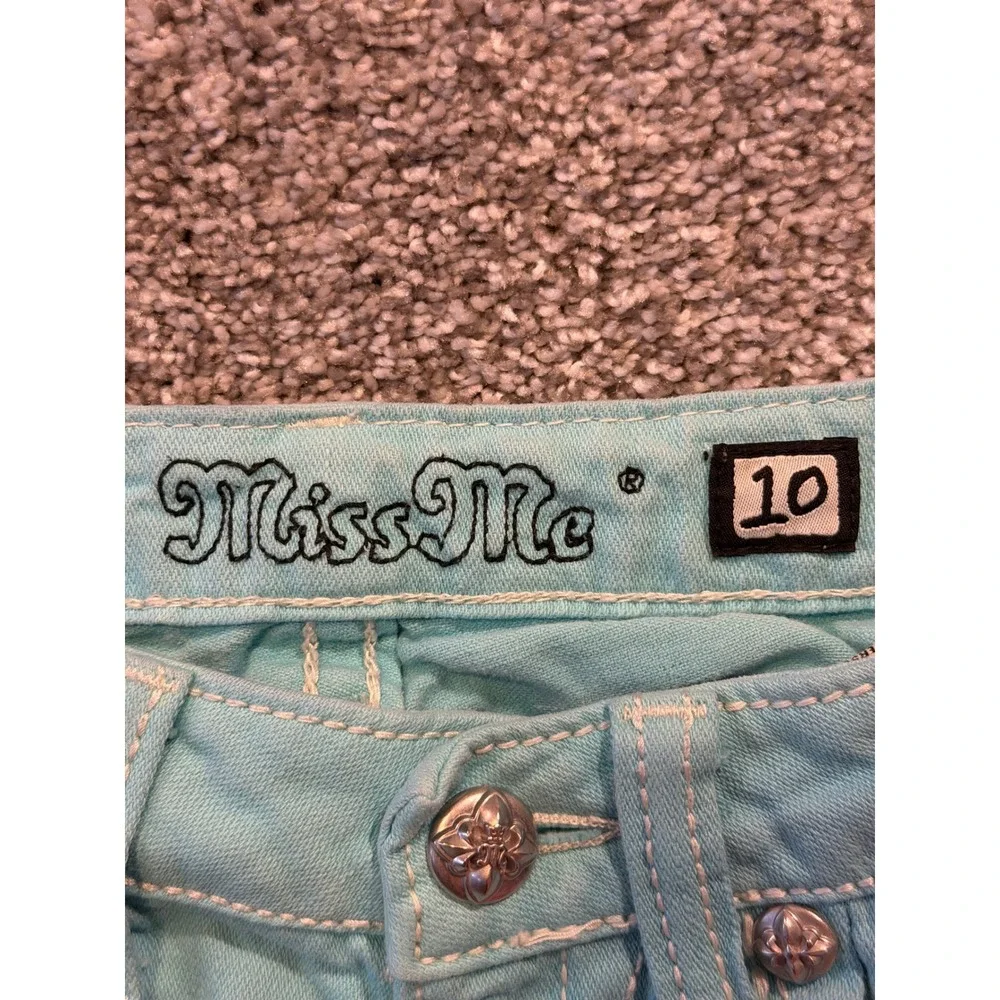 Miss Me Shorts Girls 10 Aqua JK5180H13 Dinosaur Rhinestone Embellished Denim