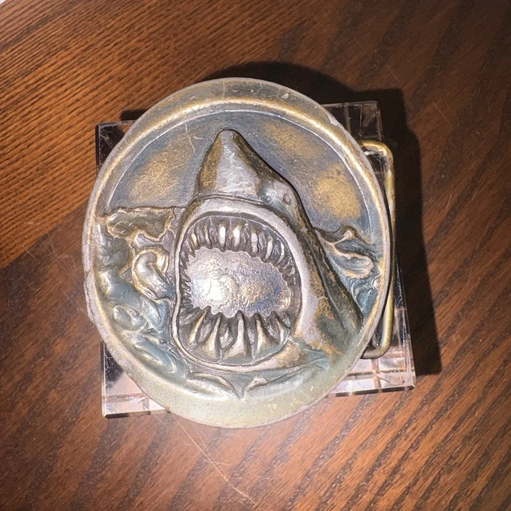 Vintage Great White Shark Belt Buckle E88 Solid Brass Jaws Style USA Heavy