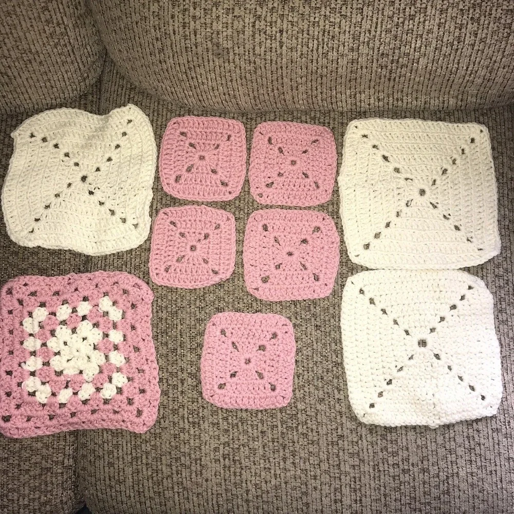 9 Granny‎ Squares Blocks Crochet Pink Cream Color Lot Afghans Bags Hat for Throw