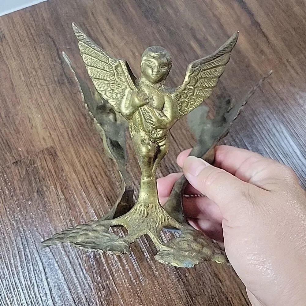 Vtg Brass Cherub Angel Baroque Bowl Orb Ball Holder Display Stand 5.5