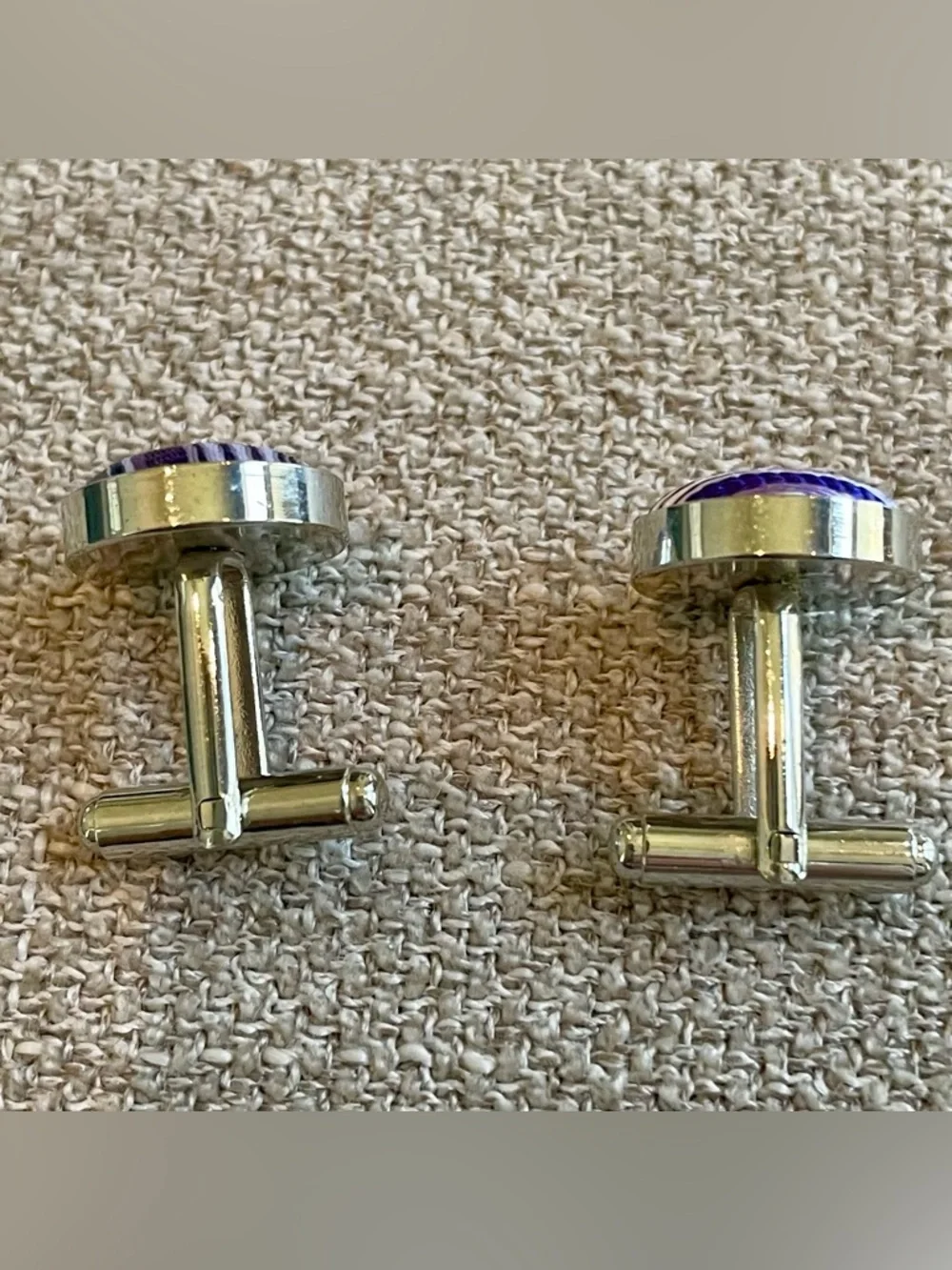 Silvertone Purple White Fabric Round Cuff Links Men’s Professional Wedding Work