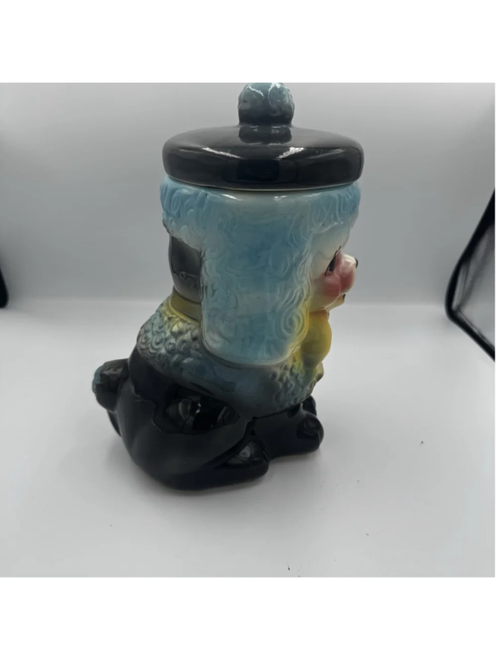 Vintage American Bisque Poodle Cookie Jar Blue Yellow Bow Tie Rare Mid Century