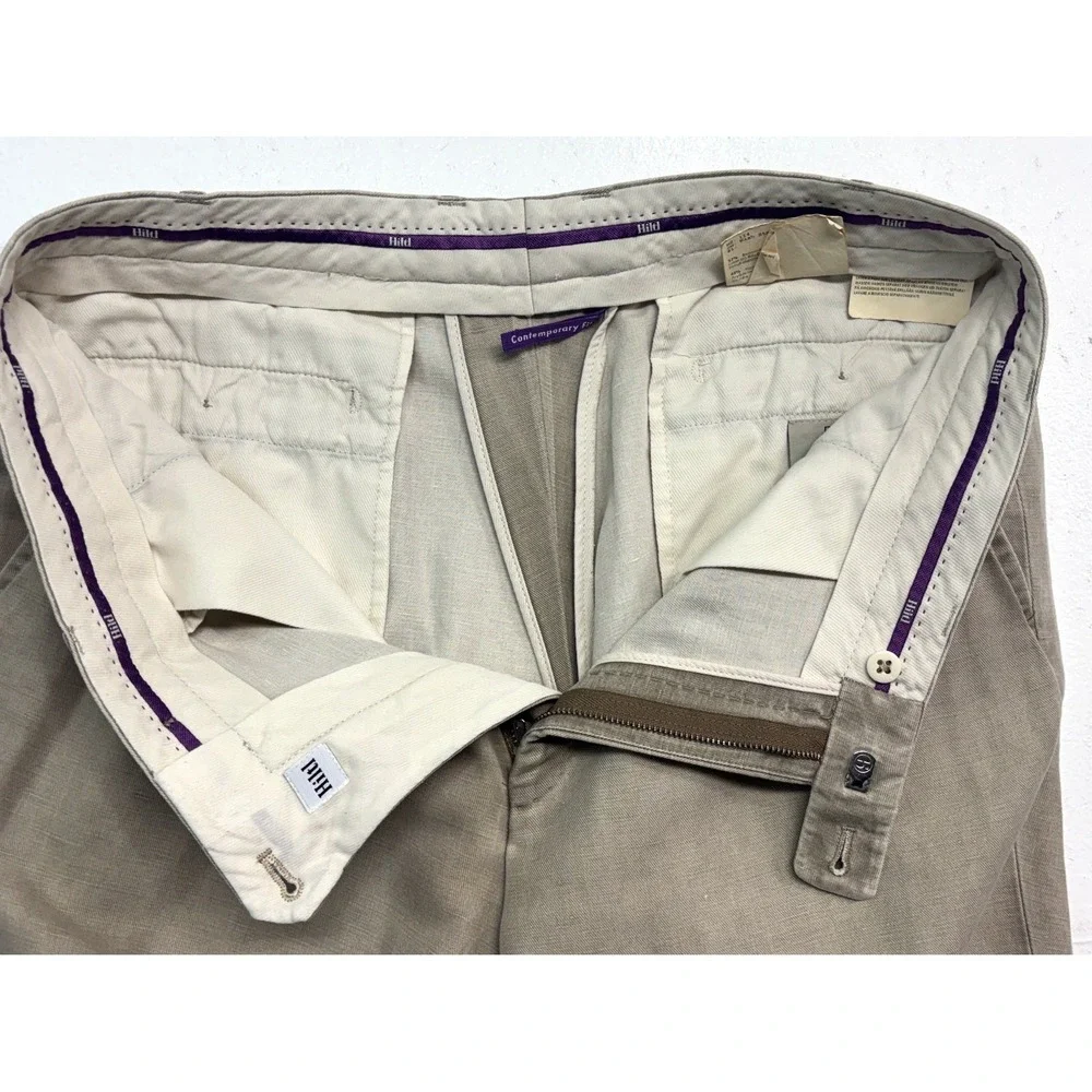 Hiltl 36x30 Beige Linen Cotton Washed Trousers Dress Pants Flat Front Cuffed