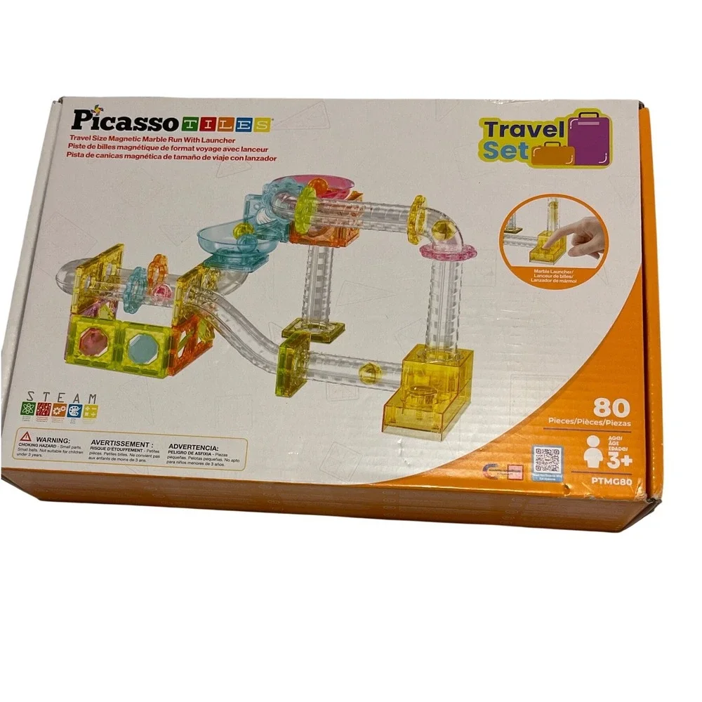 PicassoTiles 80 Piece Travel‎ Size Magnetic Marble Run With Launcher PTMG80
