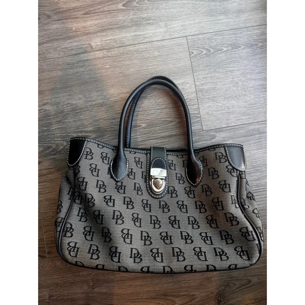 Dooney & Bourke DB Monogram Satchel Black Grey Canvas Leather Trim Shoulder Bag