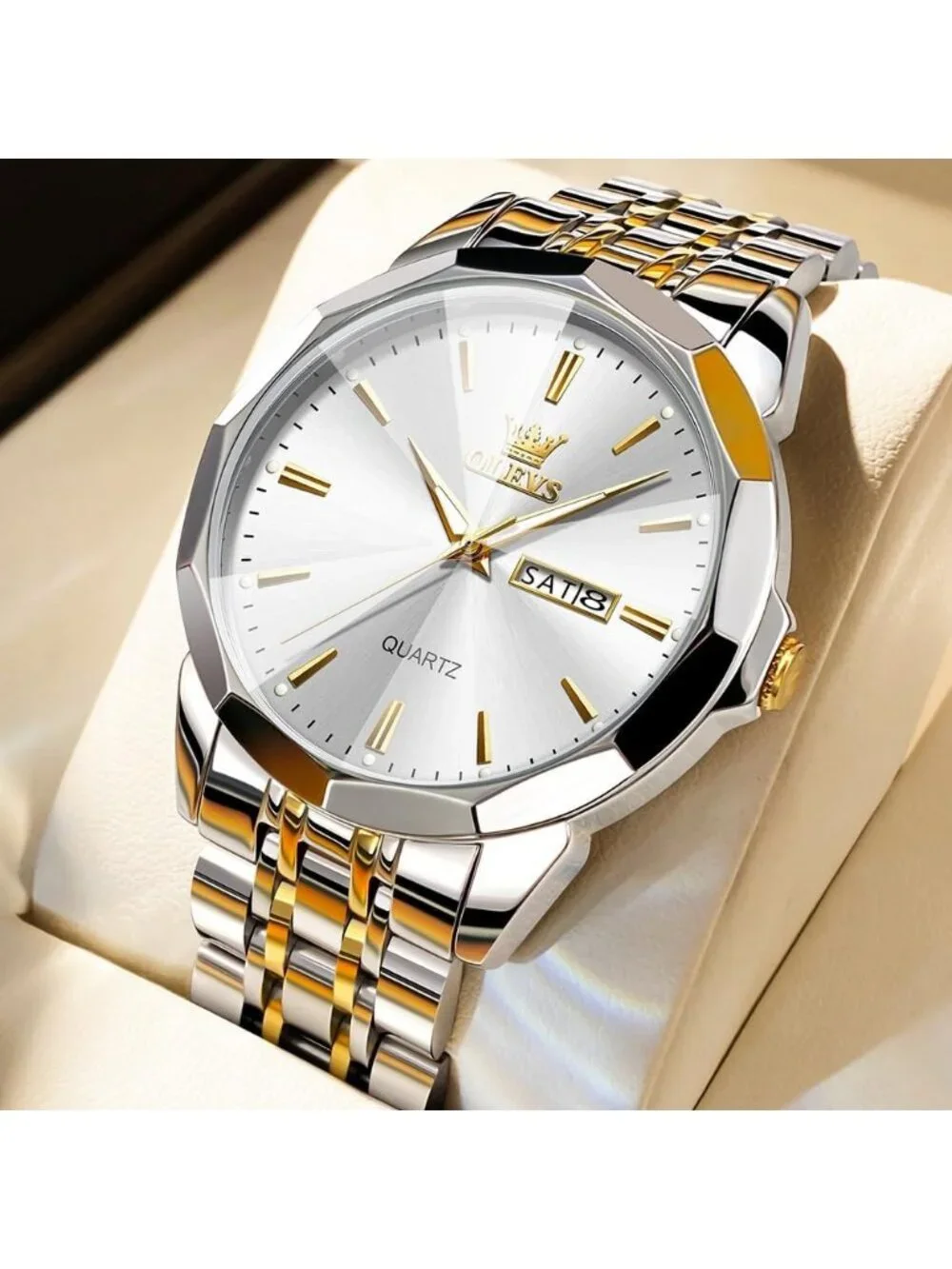 Men Silver Diamond Analog Quartz Stainless Waterproof Luminous Classic Watch