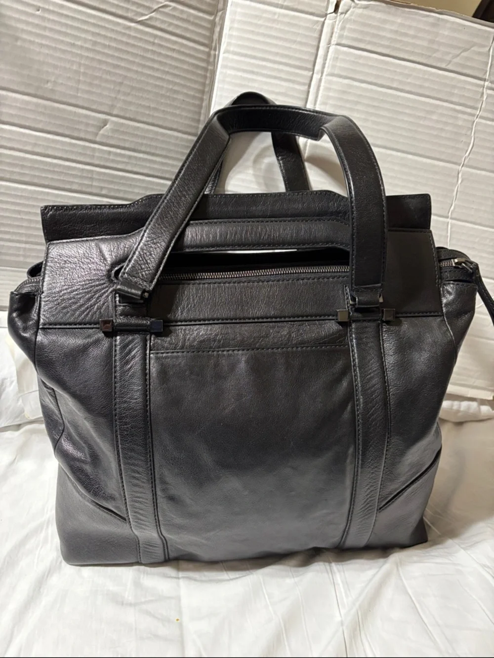 HUGO Black Leather Tote Briefcase. Unisex, full grain leather. EUC