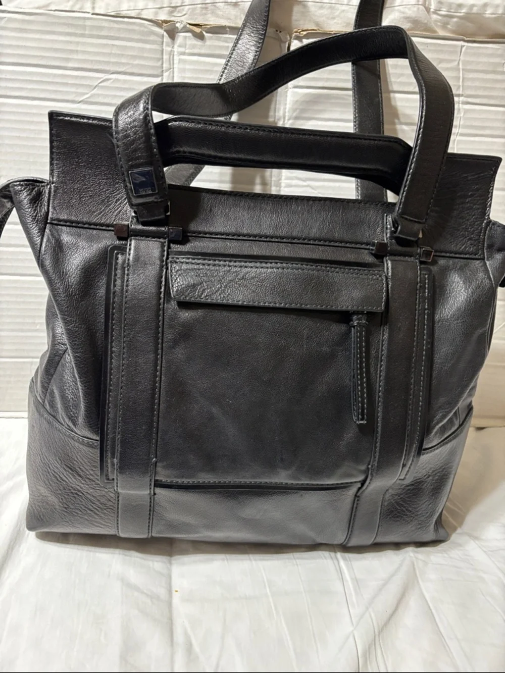 HUGO Black Leather Tote Briefcase. Unisex, full grain leather. EUC