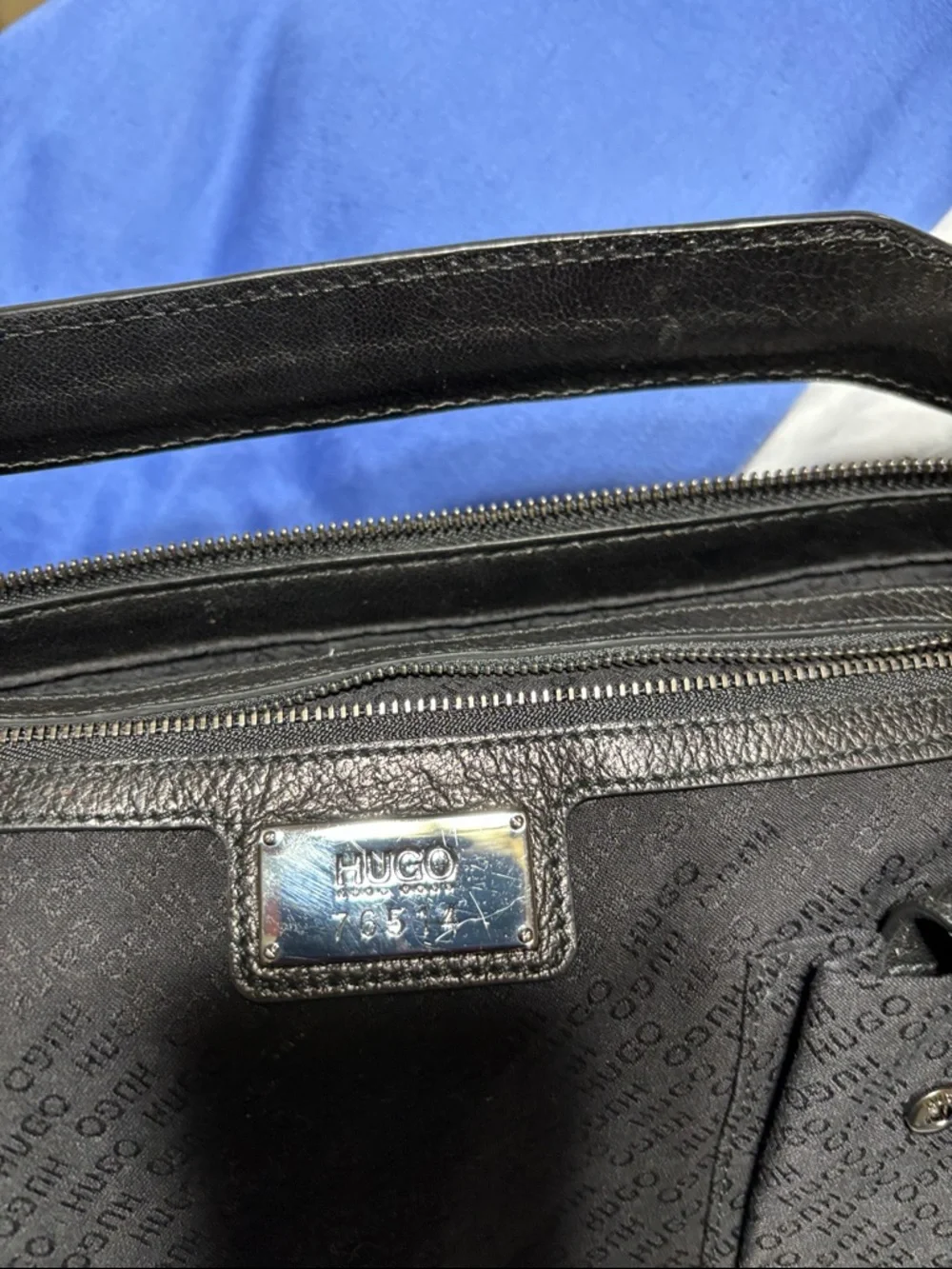 HUGO Black Leather Tote Briefcase. Unisex, full grain leather. EUC