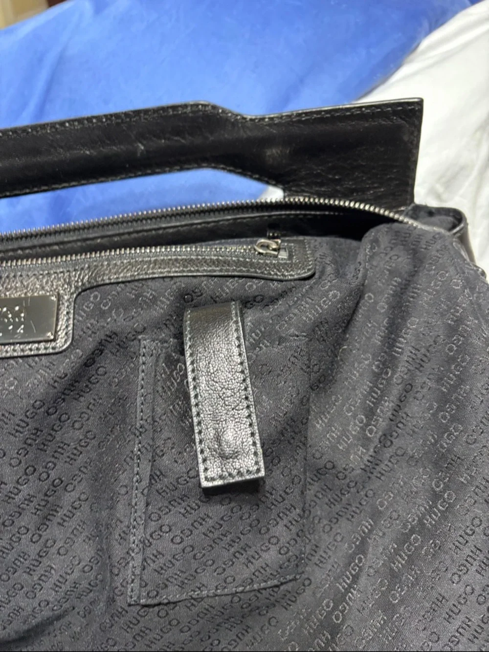 HUGO Black Leather Tote Briefcase. Unisex, full grain leather. EUC