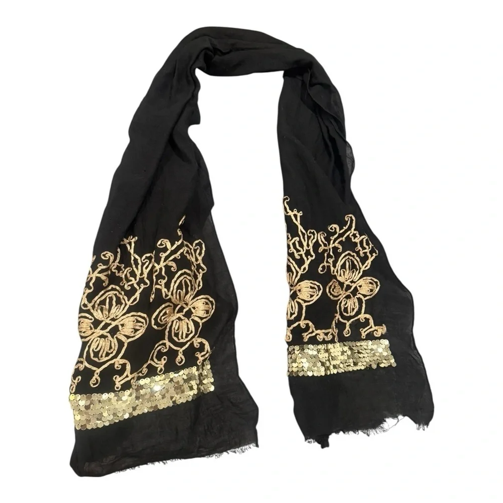 Black and Gold Floral Wrap with Tassels
