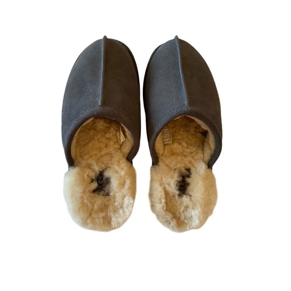 UGG Mens Gray Round Toe Sheepskin Suede Slip On Flat Slippers Size 9