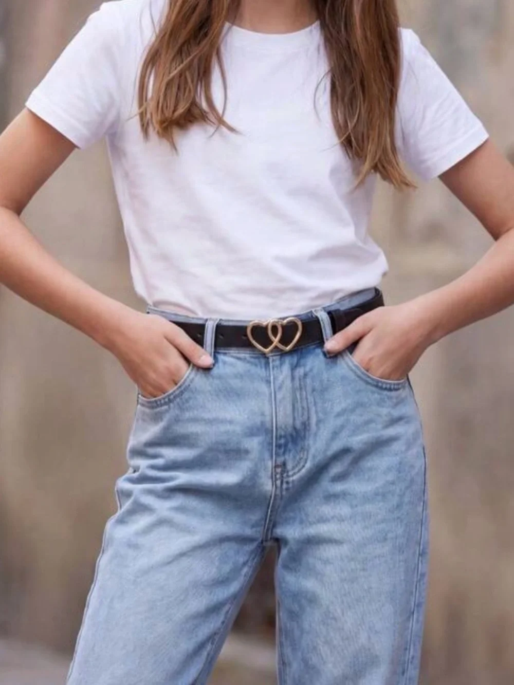 H&M Girls Black Belt with Double Gold Heart Buckle