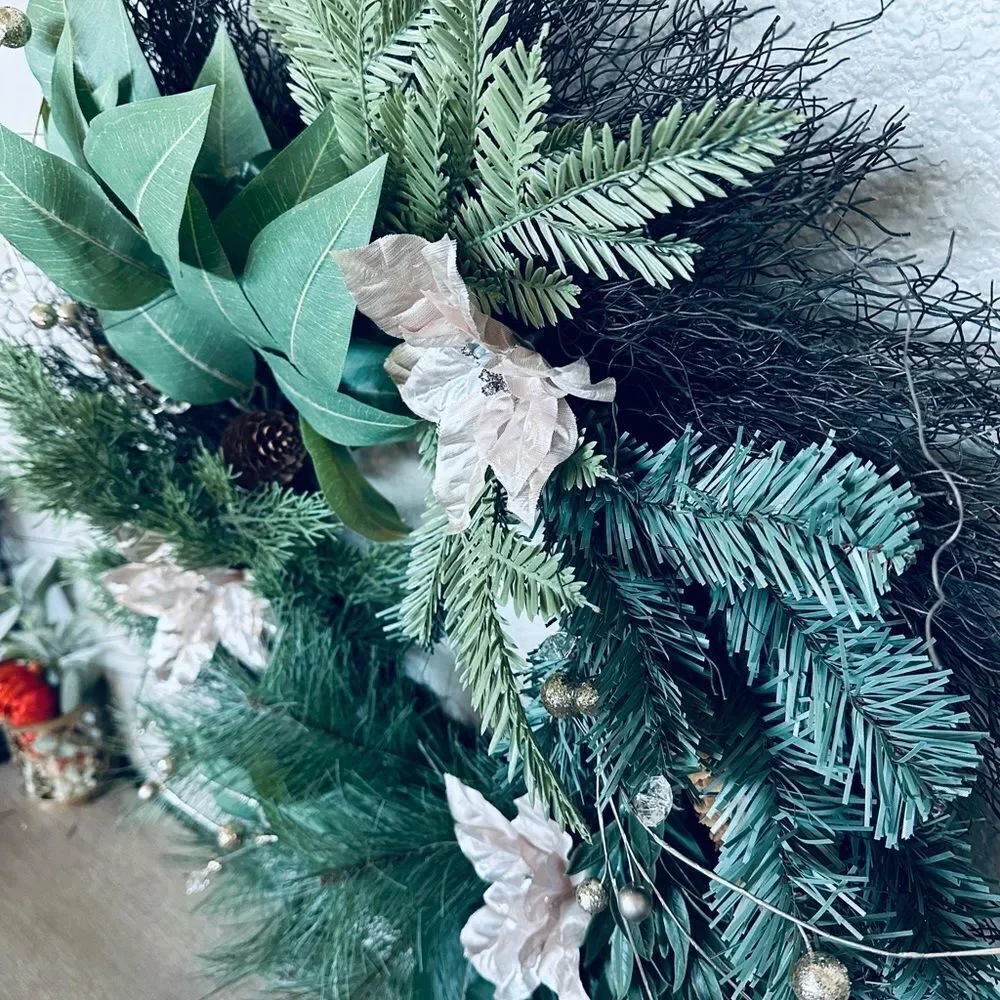 Christmas Greenery Champagne Poinsettia Beaded Berry Stems Holiday Wreath