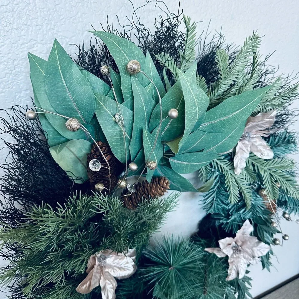 Christmas Greenery Champagne Poinsettia Beaded Berry Stems Holiday Wreath