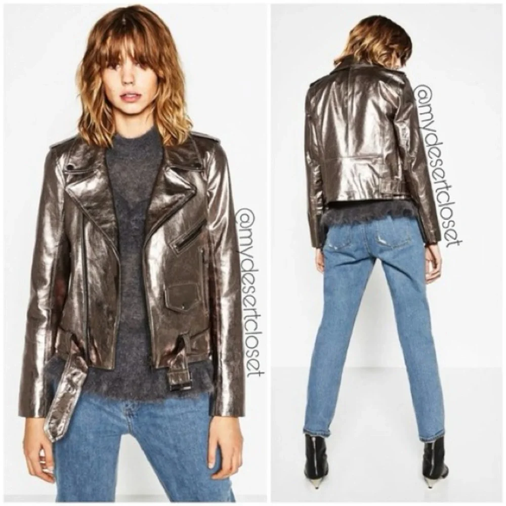 ZARA Genuine Leather Gunmetal Moto Jacket size XS