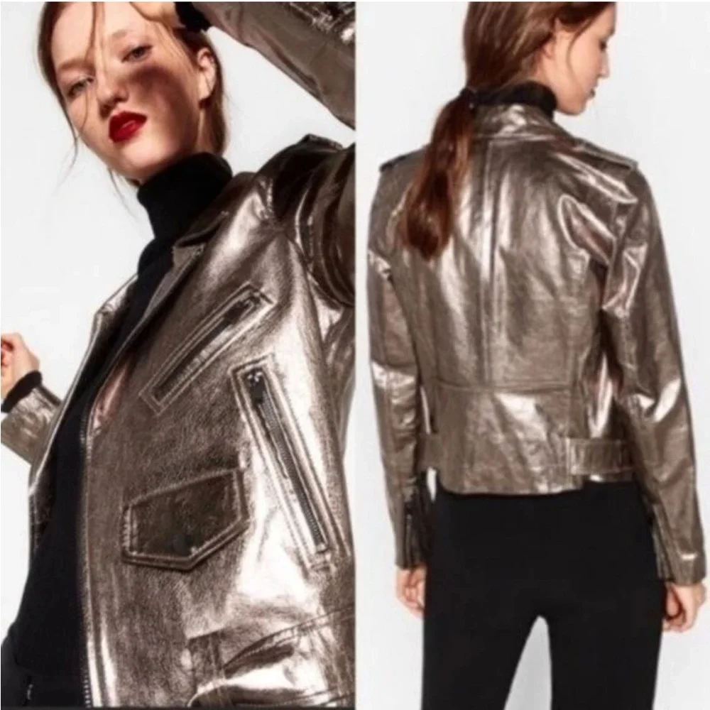 ZARA Genuine Leather Gunmetal Moto Jacket size XS